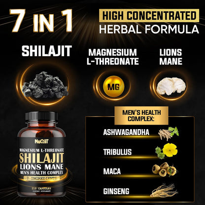 Magnesium with Lion's Mane, Shilajit Capsules, and Men's Health Complex with Ashwagandha, Maca Root & More - 210 Capsules