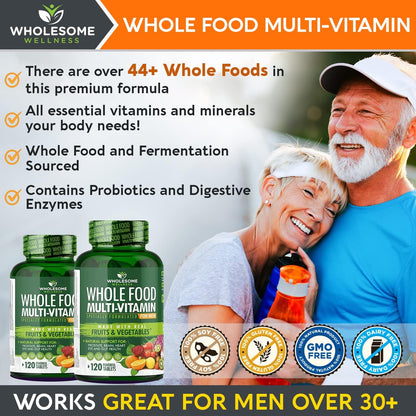 Wholesome Wellness Whole Food Multivitamin for Men - Natural Multi Vitamins, Minerals, Organic Extracts - Vegan - 120 Tablets