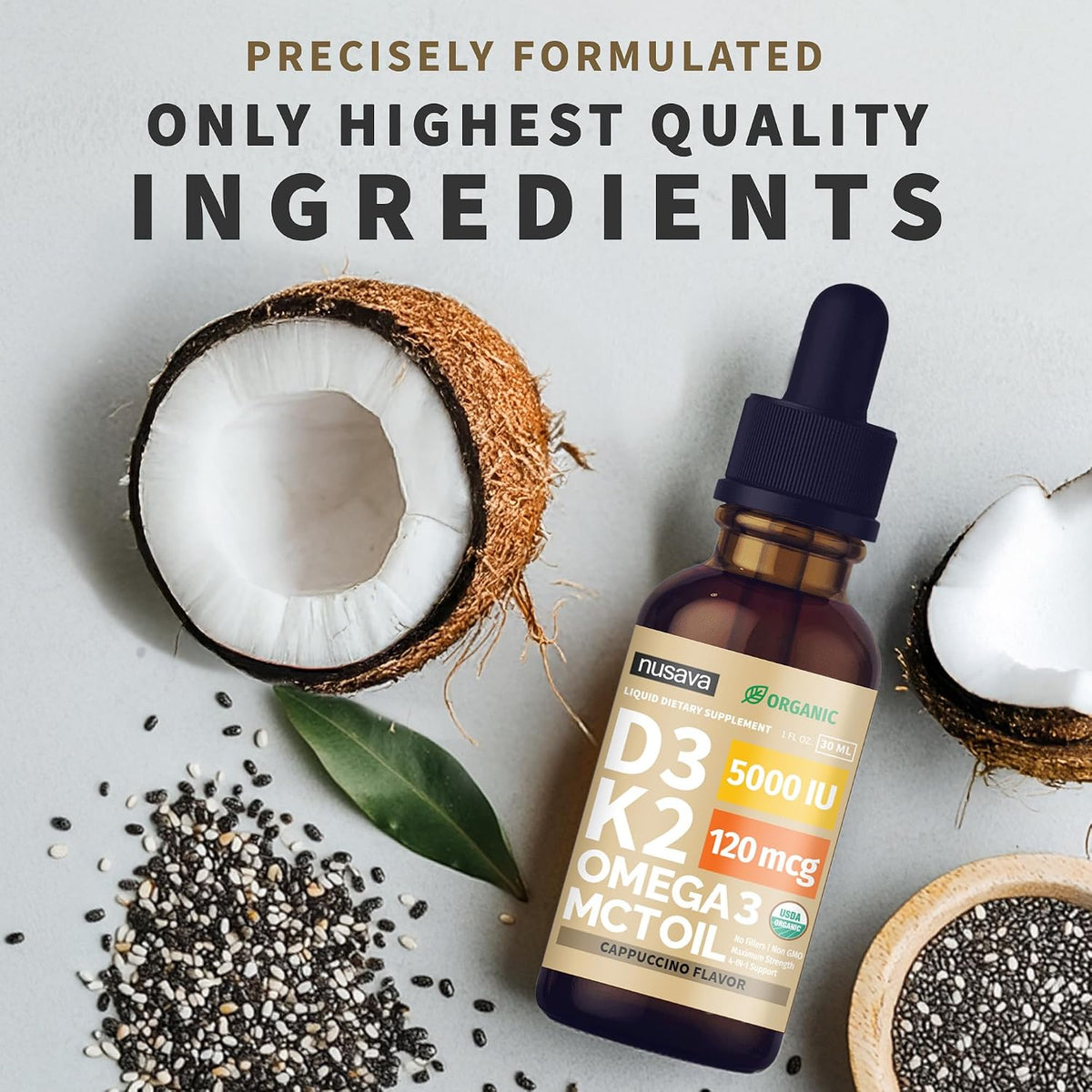 Organic Vitamin D3 K2 Drops with MCT Oil & Omega-3 - Liquid Vitamin D3 5000 IU, K2, Non-GM, Cappuccino (2 Pack) - görsel 7