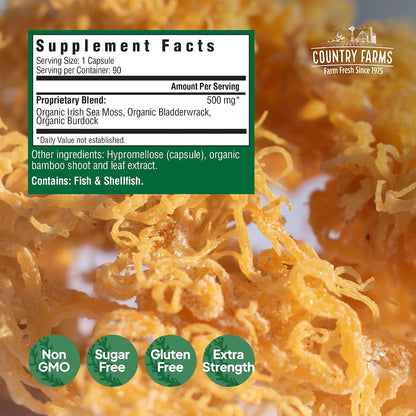 Country Farms Irish Sea Moss Capsules - Supports Healthy Skin, Immune Support, Healthy Gut & Natural Energy - with Burdock Root and Bladderwrack - 90 Capsules