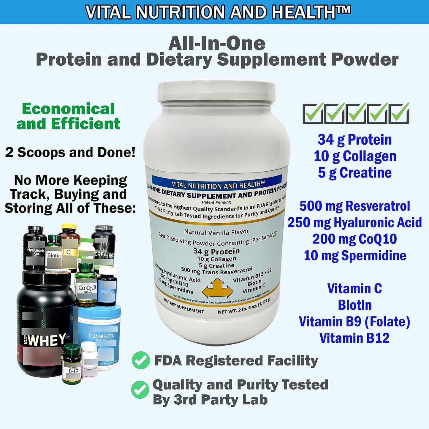 All-in-One Powder: Protein, Collagen, Creatine, Resveratrol, Spermidine, Hyaluronic Acid, CoQ10 + Key Vitamins - görsel 2