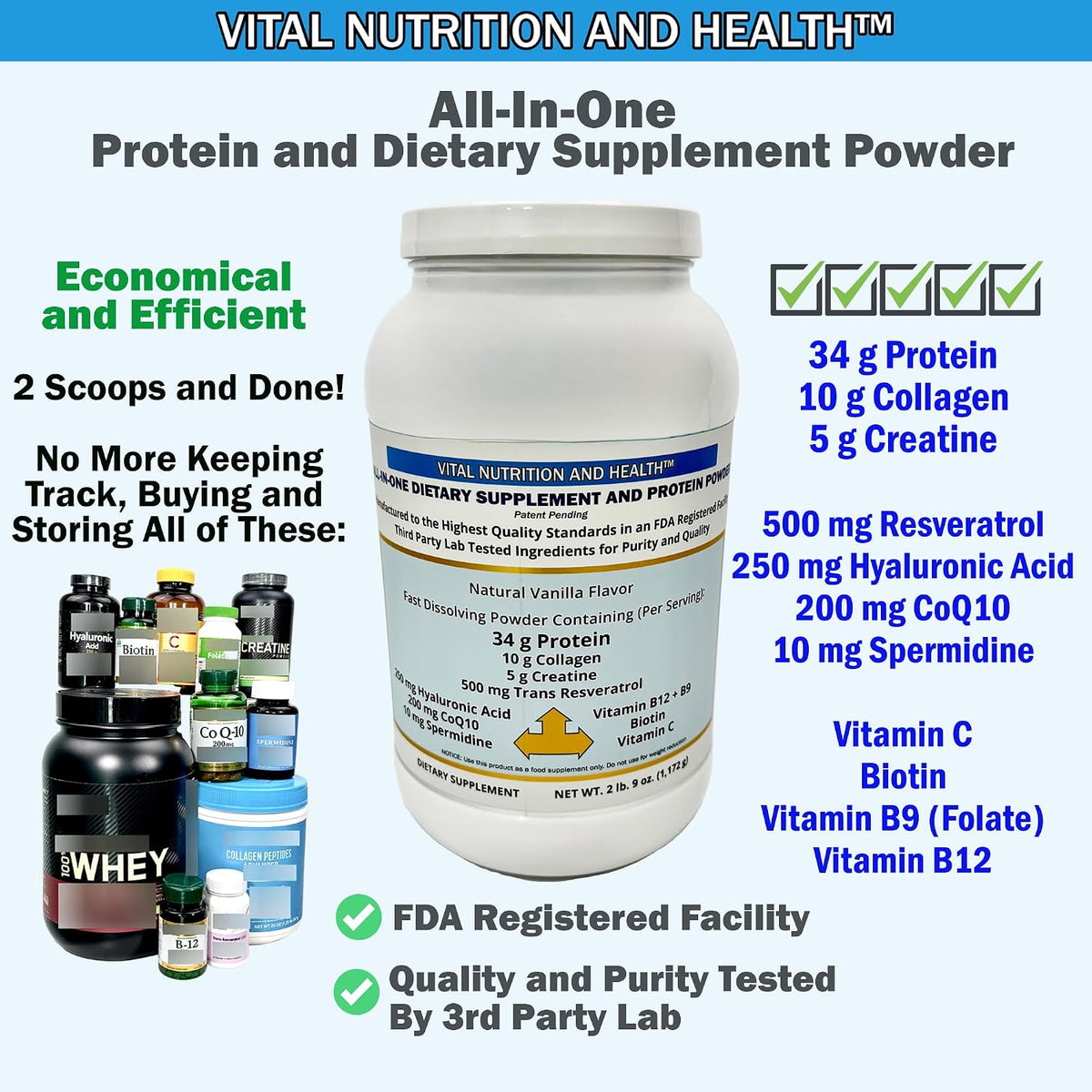 All-in-One Powder: Protein, Collagen, Creatine, Resveratrol, Spermidine, Hyaluronic Acid, CoQ10 + Key Vitamins - görsel 2