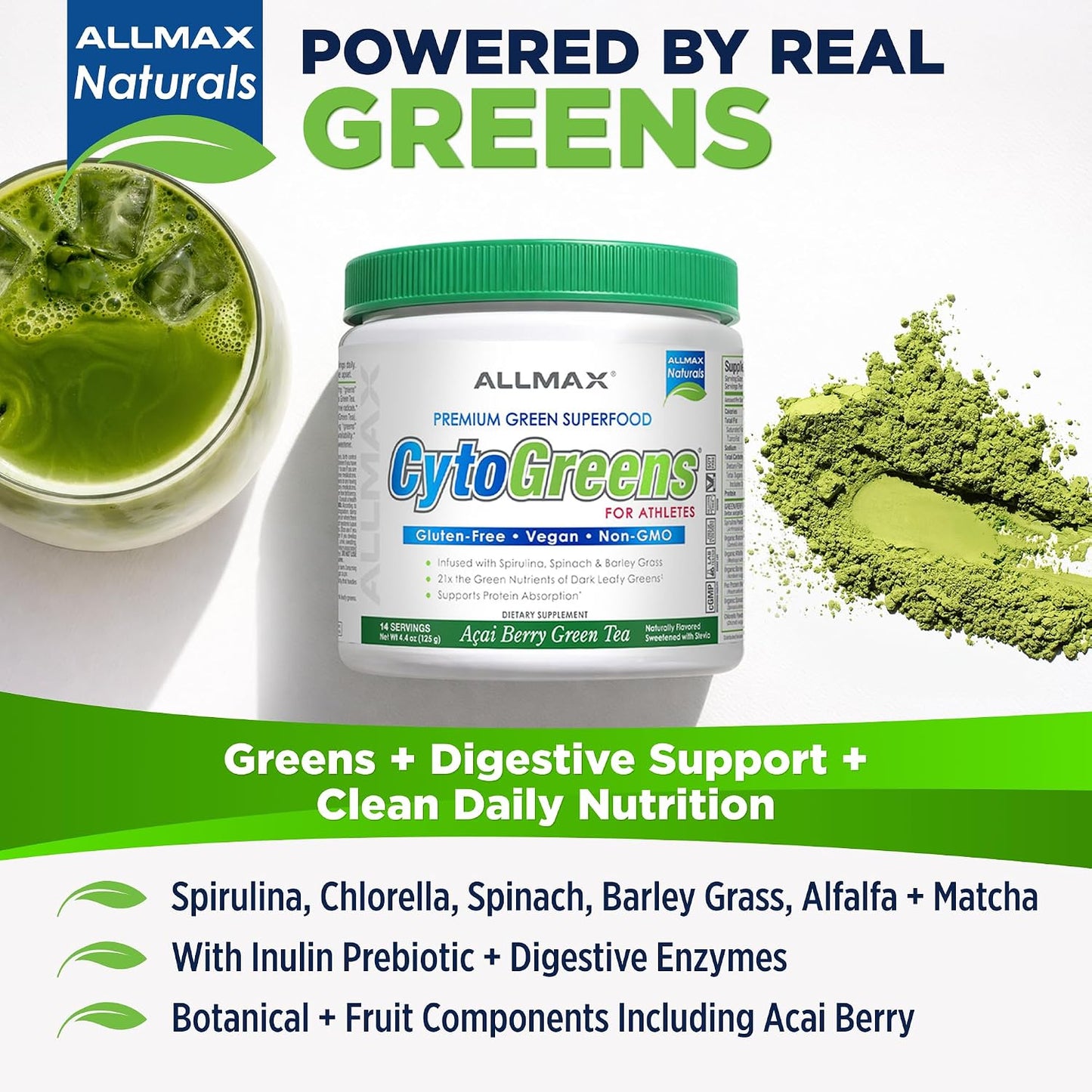 ALLMAX CytoGreens Super Greens Powder, Acai Berry Green Tea Flavour, 14 Servings - görsel 2