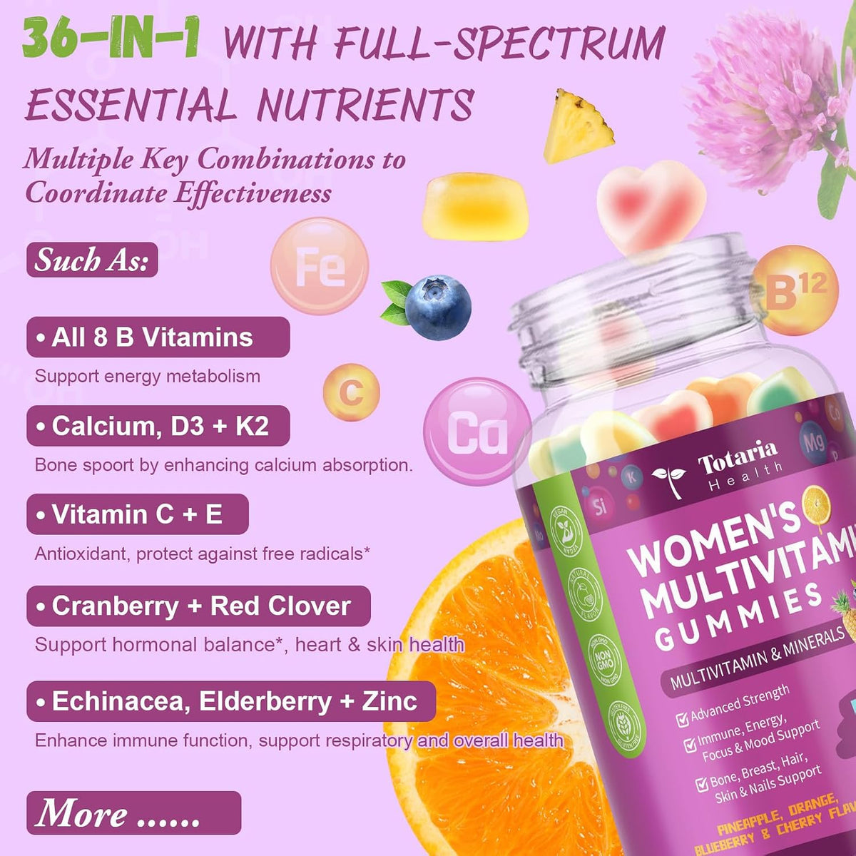 Totaria Sugar Free Multivitamin Gummies for Women 14+ with Iron, Inositol, Folate, Biotin - Mixed Flavours (2 Pack) - görsel 4