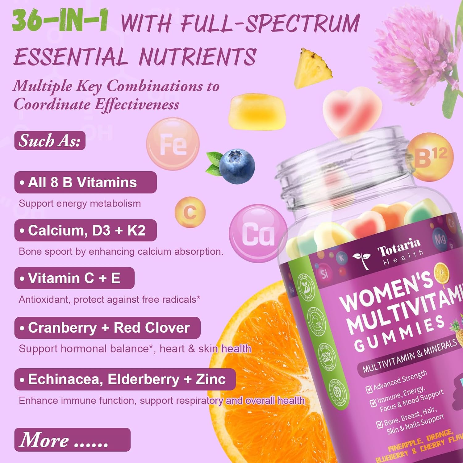Totaria Sugar Free Multivitamin Gummies for Women 14+ with Iron, Inositol, Folate, Biotin - Mixed Flavours (2 Pack) - görsel 4