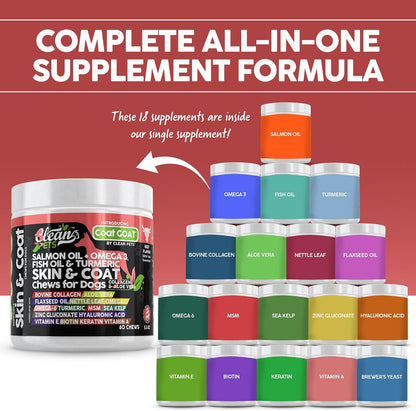 Clean Pets Salmon Oil Omega-3 Fish Oil for Dogs Skin and Coat Supplement | Dog Collagen Aloe Vera Biotin Keratin Flaxseed Nettle Leaf Sea Kelp Hyaluronic Acid Brewer's Yeast Vitamin A - Coat Goat