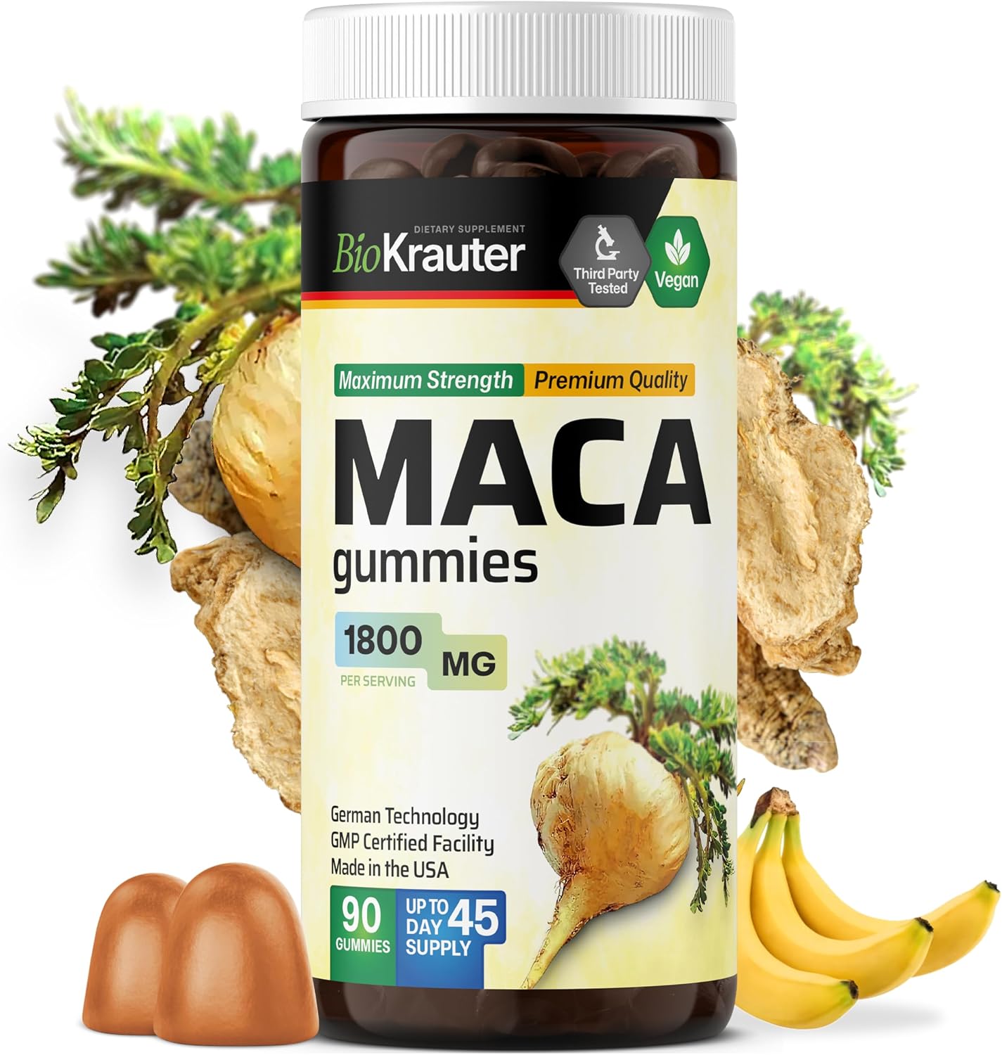 BIO KRAUTER Maca Root Gummies - Black, Red & Yellow Maca Supplement 1800 mg for Vitality & Stamina - 90 Gummies, 45-Day Supply, Non-GMO, Banana Flavour - görsel 1