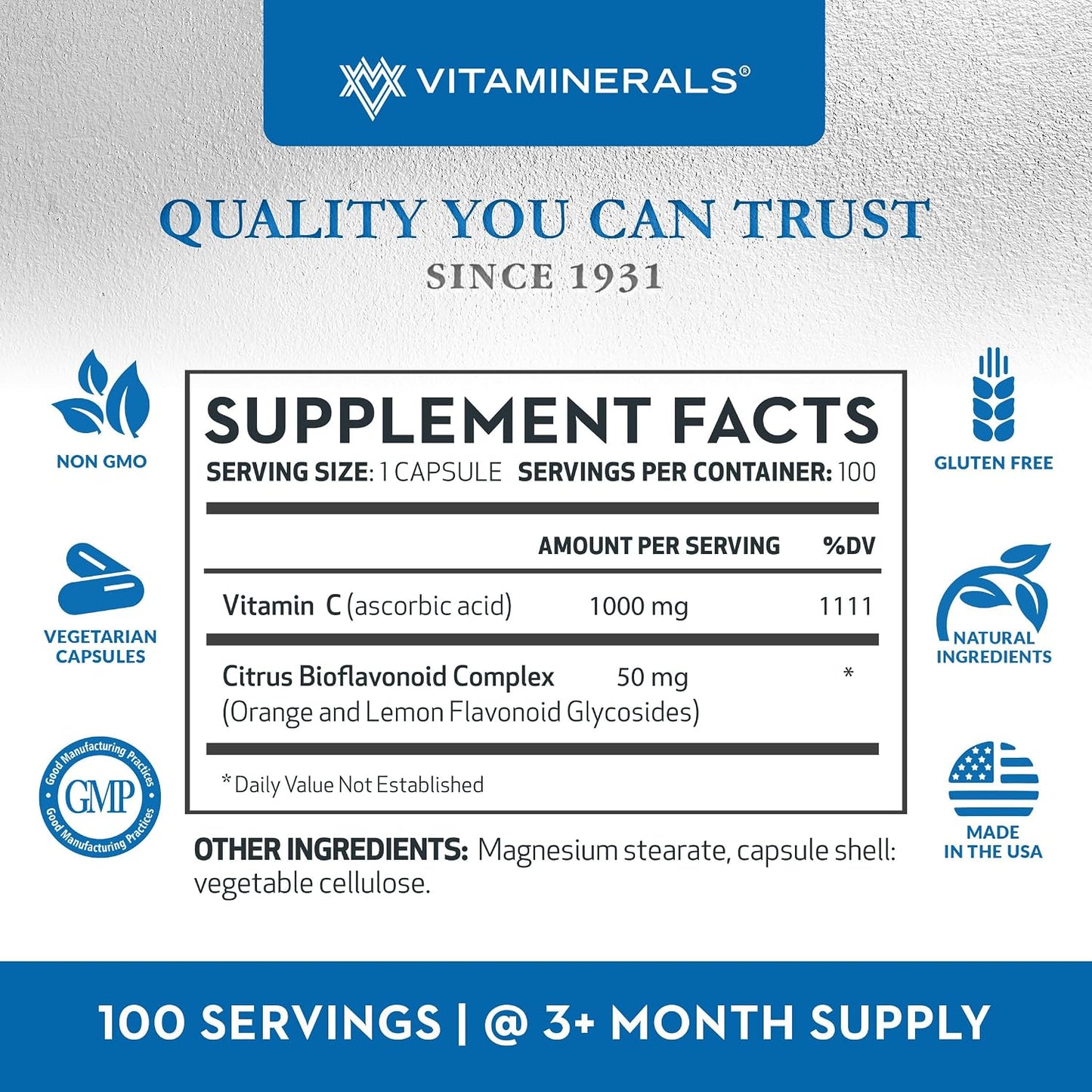 Vitaminerals C-MAX Vitamin C 1000mg with Citrus Bioflavonoids, 100 Vegetable Capsules - görsel 2