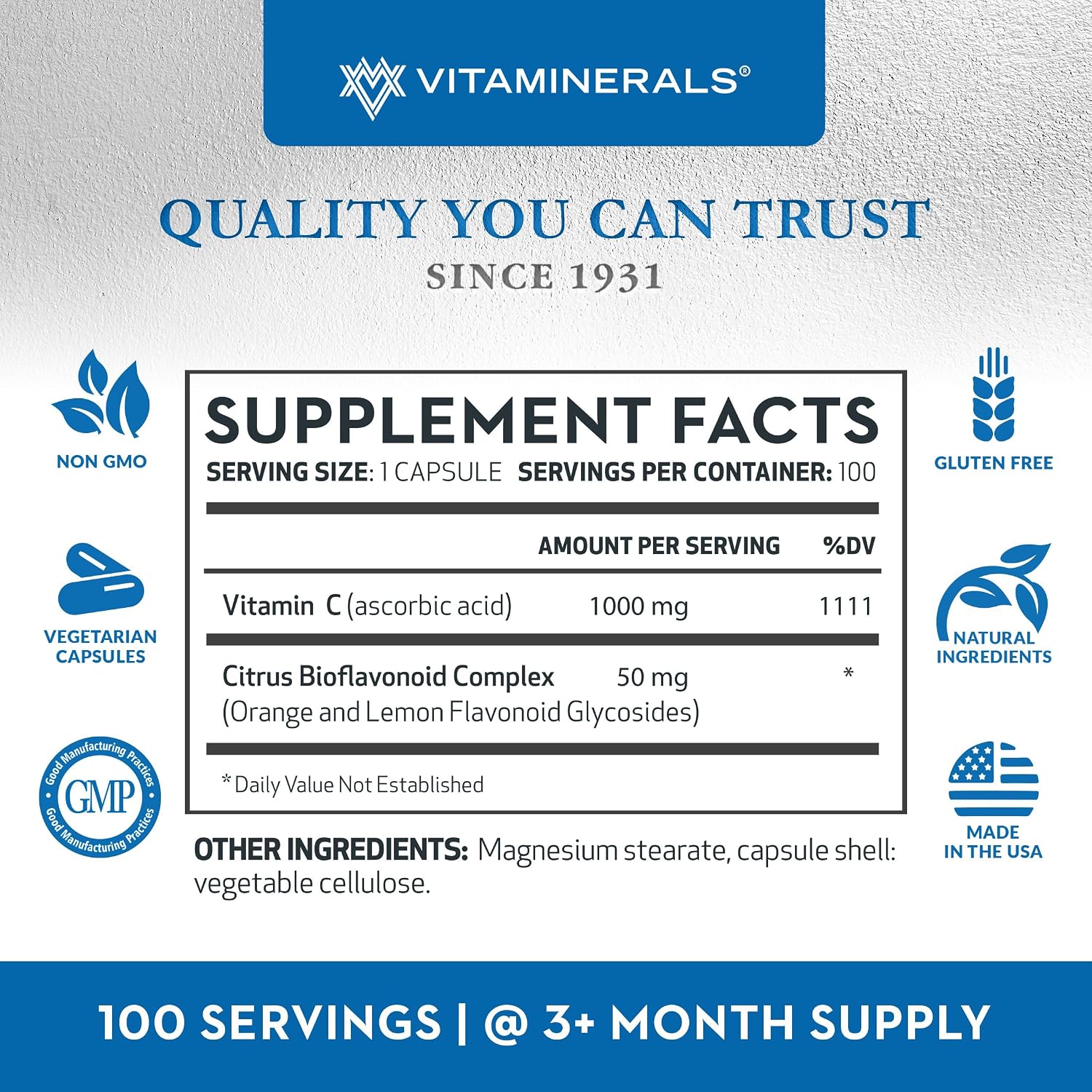Vitaminerals C-MAX Vitamin C 1000mg with Citrus Bioflavonoids, 100 Vegetable Capsules - görsel 2