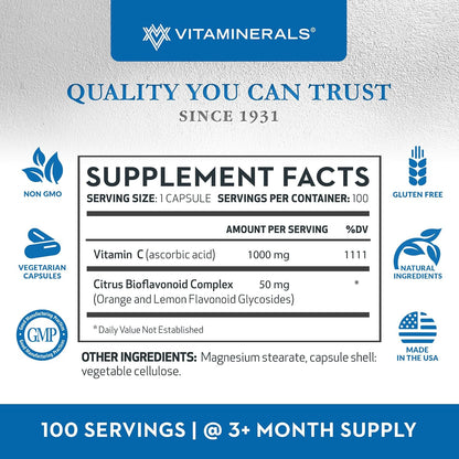 Vitaminerals C-MAX Vitamin C 1000mg with Citrus Bioflavonoids, 100 Vegetable Capsules