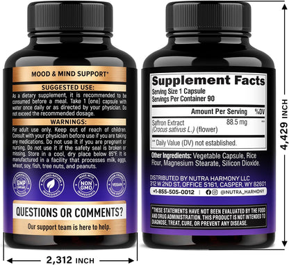 NUTRAHARMONY Pure Saffron Extract 88.5 mg – Mood, Focus & Eye Health Supplement – 90 Capsules