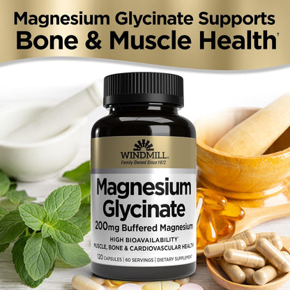 Windmill Magnesium Glycinate 200mg – High Absorption Buffered Formula – 120 Capsules – Non-GM, Gluten-free, Vegan