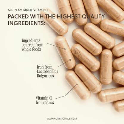 All In Nutritionals AM Multivitamin +: Vegan, Food-Based Multivitamin with Vitamin D3, K2, B12, Iron and Ionic Fulvic Acid
