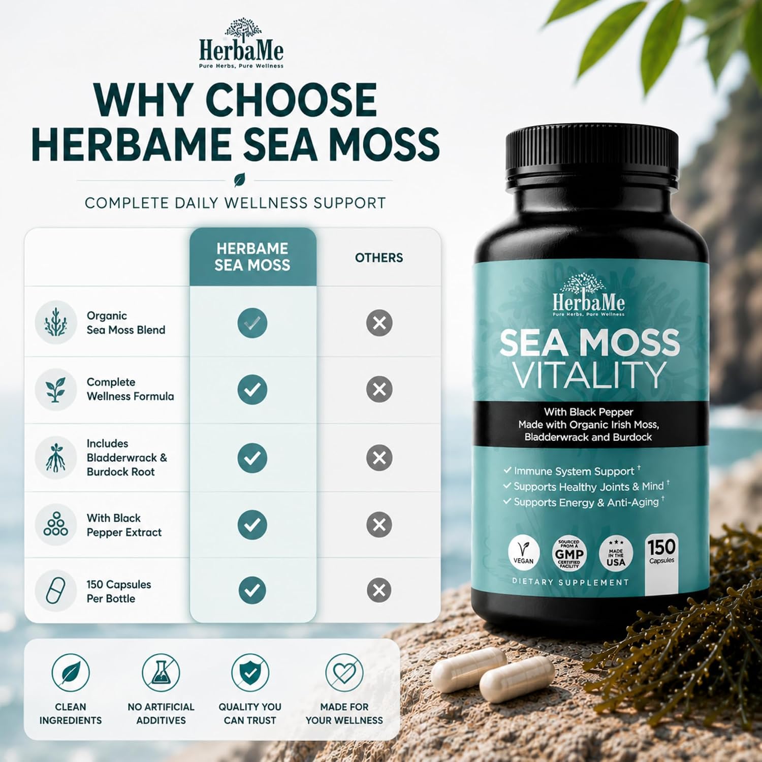 Organic Sea Moss Supplement with Bladderwrack & Burdock Root – Irish Moss with Black Pepper Extract, Daily Mineral Support for Energy & Wellness, 150 Capsules - görsel 5