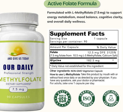 Our Daily Vites L-Methylfolate 7.5 mg – Active 5-MTHF Food Supplement – 90 Capsules