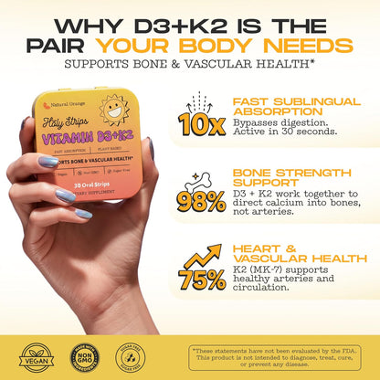 Vitamin D3 K2 Supplement 5000 IU - Fast-Absorbing Oral Strips for Bone and Immune Support