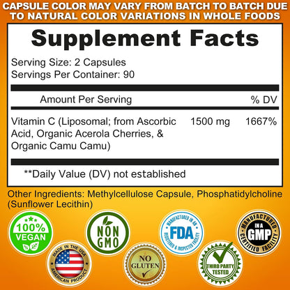 SUPPLEMENTS STUDIO Liposomal Vitamin C Capsules – 1500mg with Organic Acerola & Camu Camu – 180 Capsules – Image 2