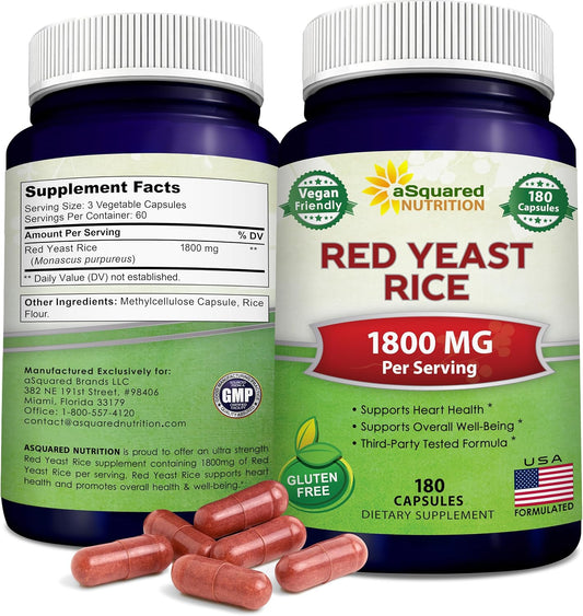 aSquared Nutrition Red Yeast Rice 1800mg - Food Supplement Vegan Capsules to Help Maintain Normal Cholesterol Levels - 180 Veggie Capsules