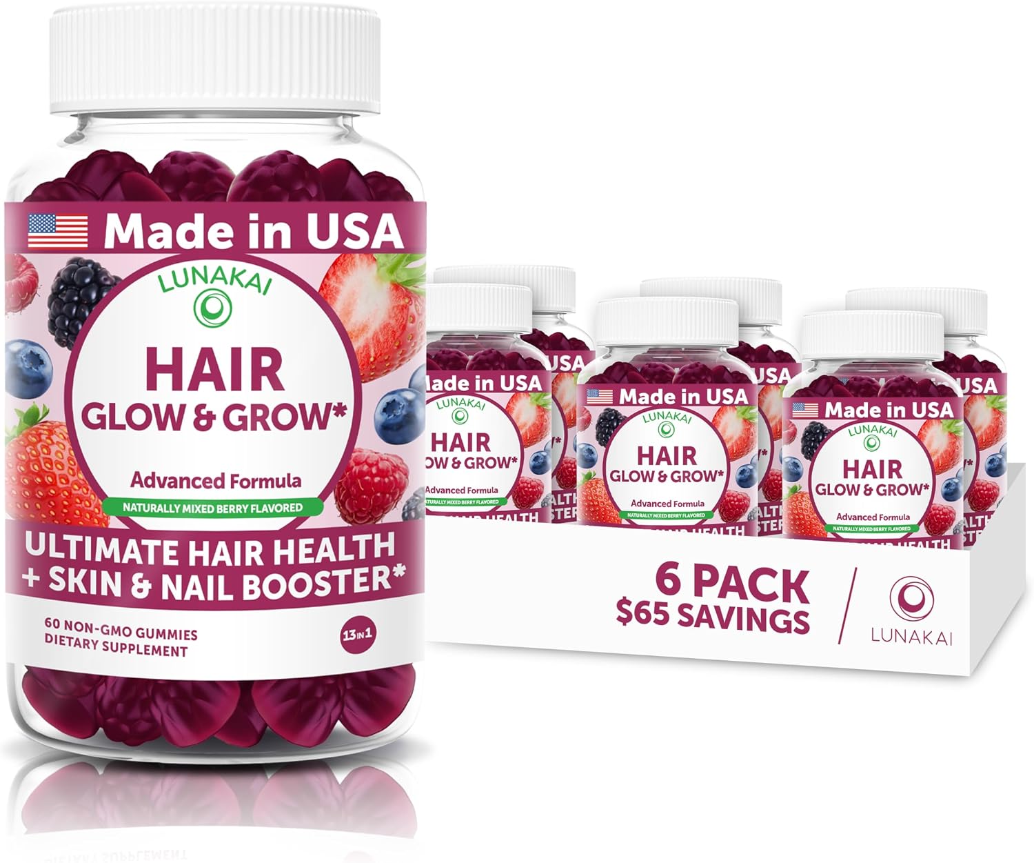 Lunakai USA-made Super Hair Gummies with Biotin, Zinc, Horsetail Extract & Saw Palmetto – Hair Growth Vitamins for Women & Men, 60 Gummies - görsel 9