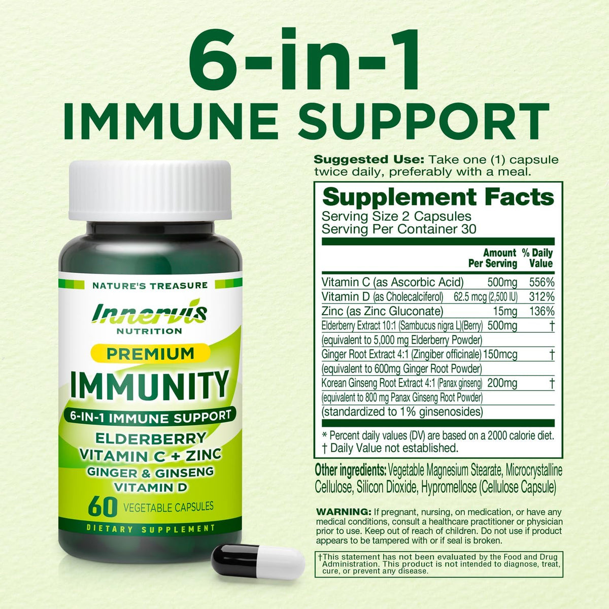 Immune Support 6-in-1 – Elderberry, Ginger, Korean Ginseng, Vitamin C 500mg, Vitamin D3 62.5μg, Zinc – Vegan Capsules – 30 Count - görsel 2