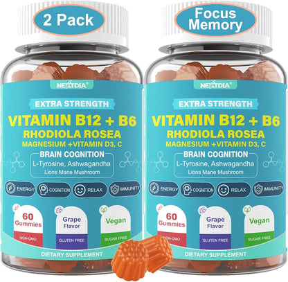 Focus Memory & Energy Gummies - L-Tyrosine + Methyl B12 1000 µg, B6 50mg, D3 C, Lion's Mane Mushroom - Sugar Free
