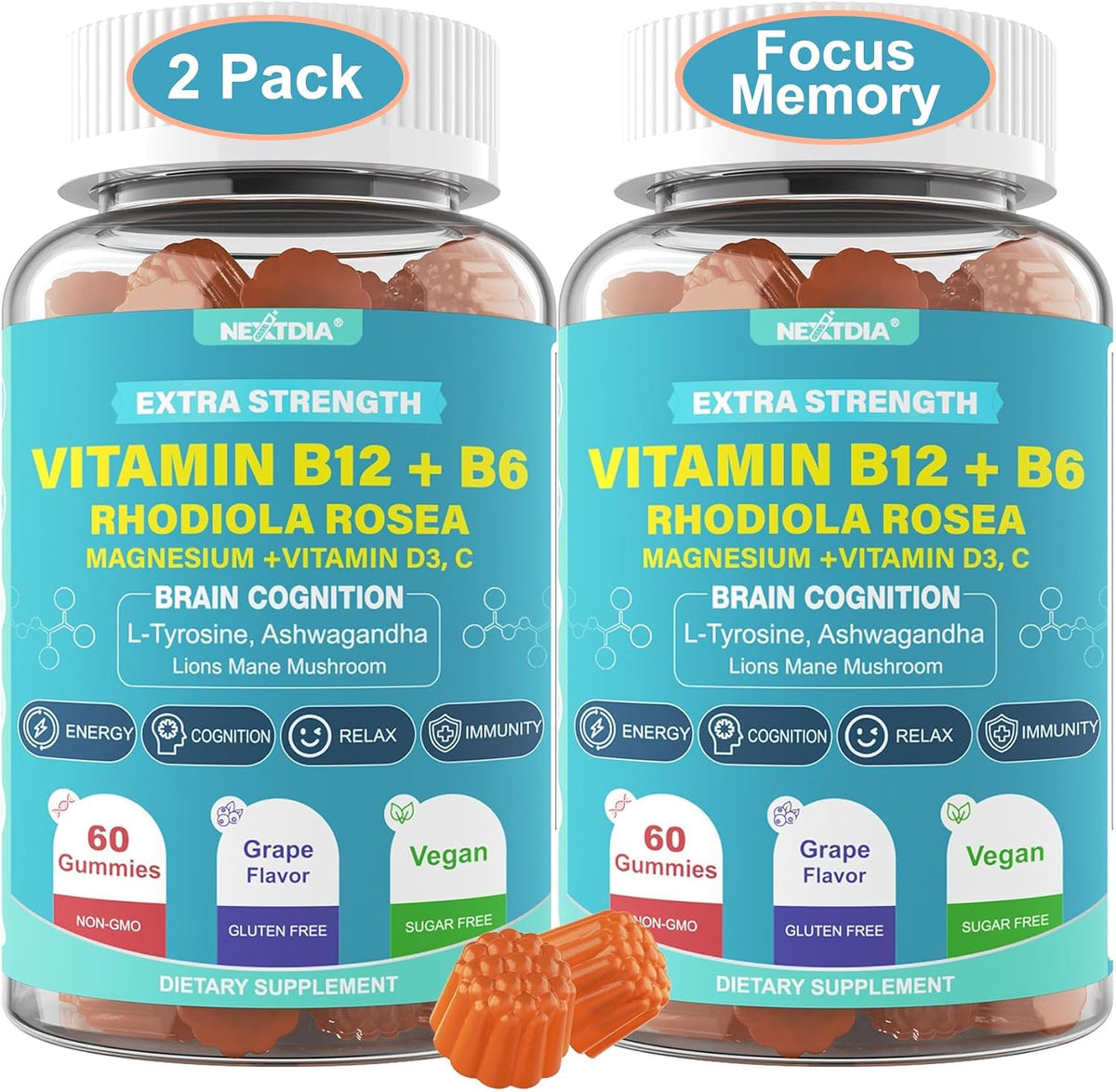 Focus Memory & Energy Gummies - L-Tyrosine + Methyl B12 1000mcg, B6 50mg, D3, C, Lion's Mane Mushroom - Brain & Cognition Support - 1 Pack - görsel 8
