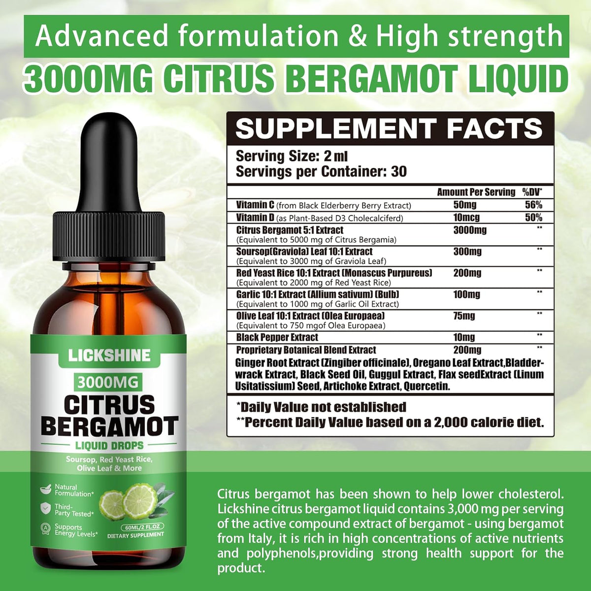 lickshine Citrus Bergamot Liquid Drops 3000mg - 2 Pack - High Absorption Liquid Supplement for Antioxidant & Immune Support, 120 ml Each - görsel 2