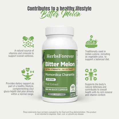 HerbsForever Bittermelon (Karela) Extra Strength (10:1) Extract – 880mg, 60 Veg Capsules