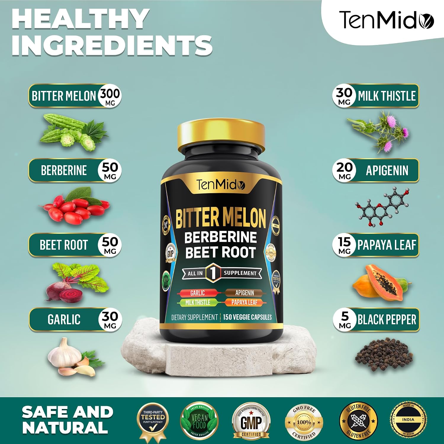 Tenmido Bitter Melon Capsules - 8in1 Formula with Berberine, Beet Root, Garlic, Milk Thistle, Apigenin, Papaya Leaf & Black Pepper (150 Vegan Capsules) - görsel 3
