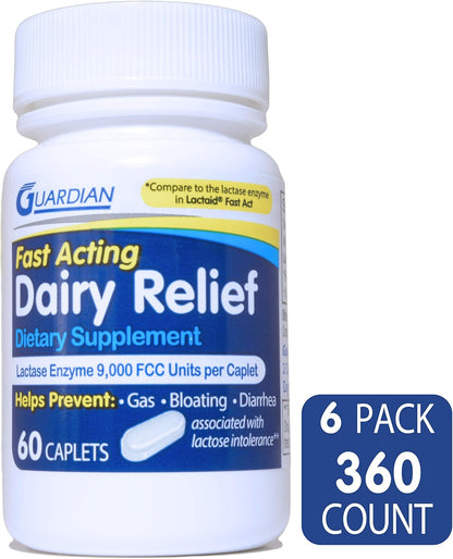 guardian Dairy Relief Fast Acting Caplets, 9000 FCC Lactase Enzyme – 360 Count (6 Pack)
