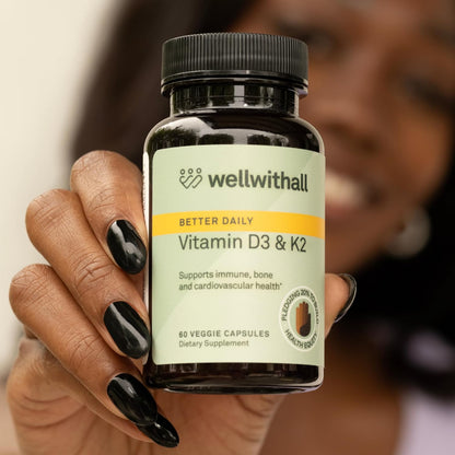 WellWithAll Vitamin D3 5000 IU (125 mcg) with Vitamin K2 100 mcg Supplement | Supports normal bone health, immune function, and blood clotting | Plant Based, Major Allergen Free | 60-Day Supply