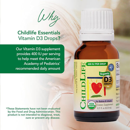 ChildLife Essentials Organic Vitamin D3 Drops – for Infants & Newborns, 400 IU per Serving, USDA Organic, Flavourless (approx. 6 ml)