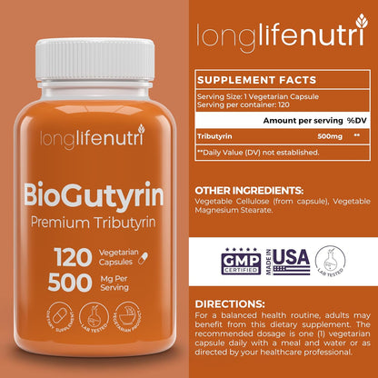 BioGutyrin – Tributyrin 500mg, Postbiotic Supplement for Gut Function and Nutrient Absorption, 120 Vegetarian Capsules