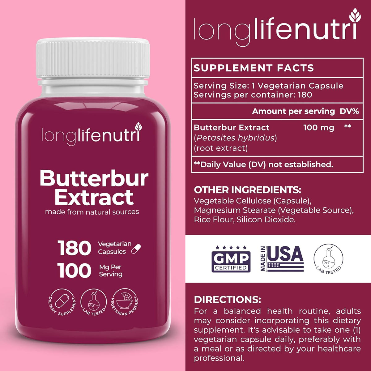 LongLifeNutri Butterbur Extract 100mg – 180 Vegetarian Capsules - görsel 2