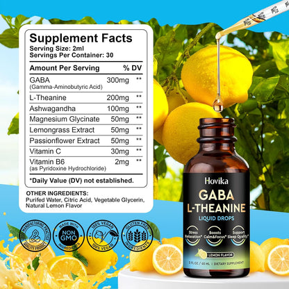 GABA L-Theanine Drops - Liquid Supplement with L-Theanine, Ashwagandha, Magnesium Glycinate, Vitamin C, B6 - Supports Sleep, Relaxation, Calm Mood & Focus - Lemon Flavour, 60 ml