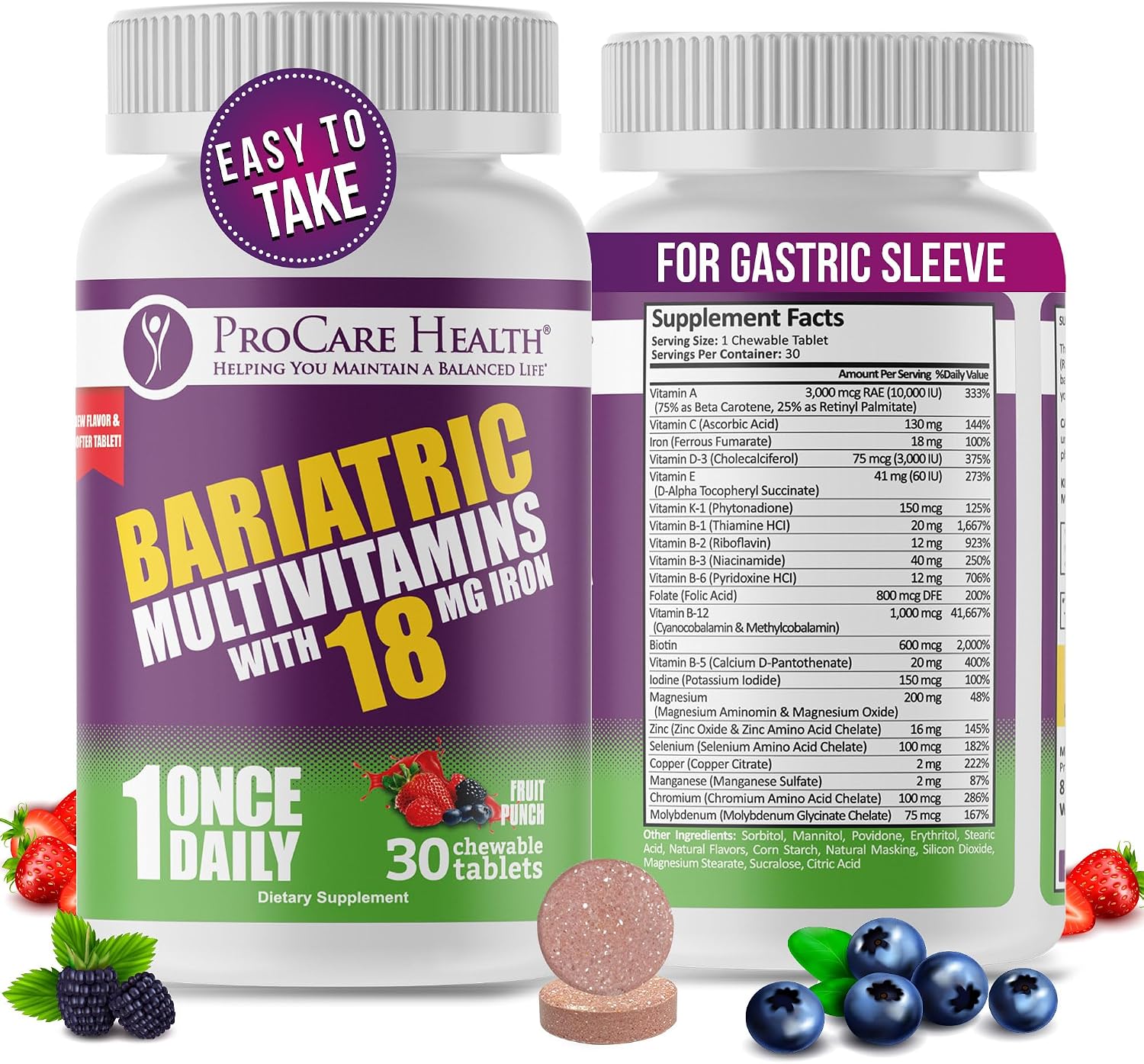 ProCare Health Bariatric Chewable Multivitamin with Iron 18mg - Fruit Punch - 90 Tablets (3 Month Supply) - görsel 10