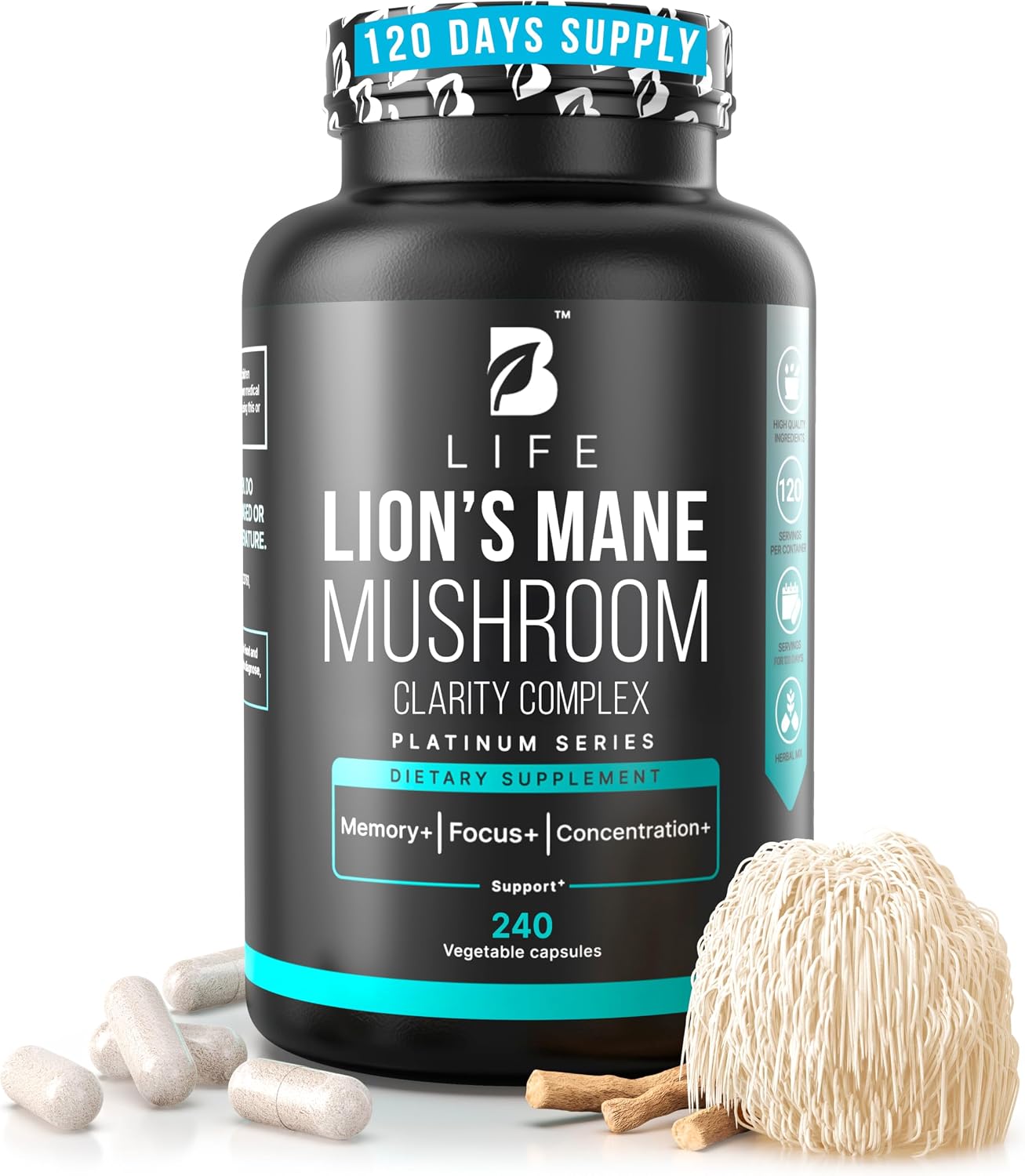 Lion’s Mane Mushroom Capsules – Memory, Focus & Clarity – Nootropic Brain Supplement with Ashwagandha, Thiamin (B1), Magnesium L-Threonate – Cognitive and Brain Support for Mental Energy, 240 Caps - görsel 1