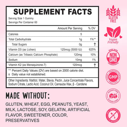 OH MY CHEWY Double-Flavoured Vitamin D3 K2 & Calcium Fluffy Gummies - 5000 IU D3, 120 mcg K2 (MK-7), 120 mg Calcium - Vegan & Non-GM - 60 Count