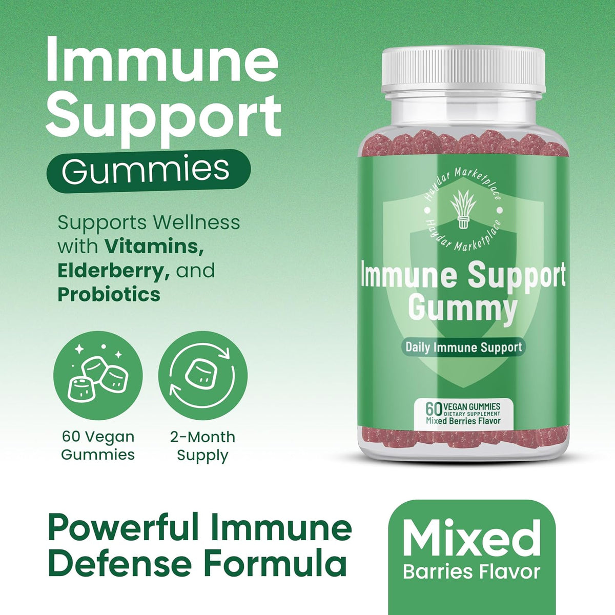 Immune Support Gummies for Adults - Vegan with Vitamins C & D, Zinc, Magnesium, Probiotics, Elderberry & Turmeric - 60 Gummies - görsel 2