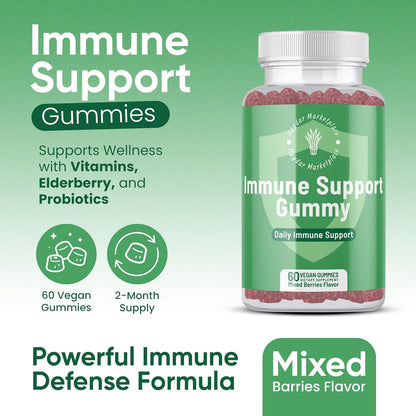 Immune Support Gummies for Adults - Vegan with Vitamins C & D, Zinc, Magnesium, Probiotics, Elderberry & Turmeric - 60 Gummies