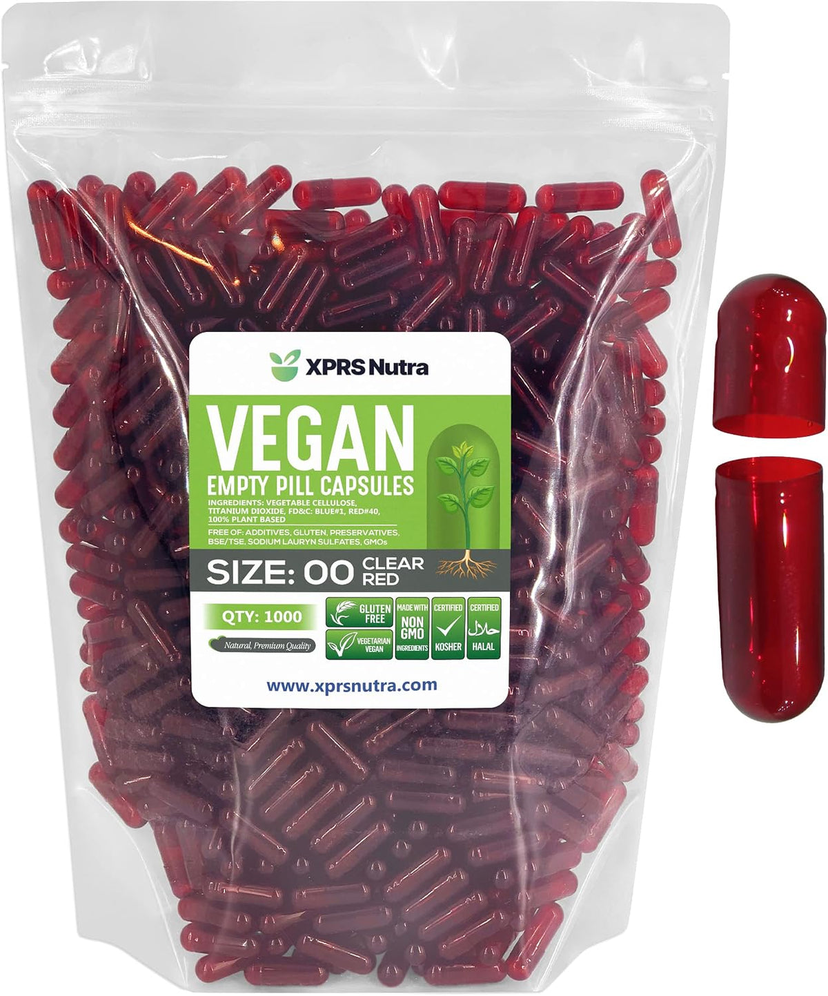 XPRS Nutra Size 00 Empty Capsules – 1000 Count – Vegan Vegetarian Pill Capsules (Clear Red) - görsel 1