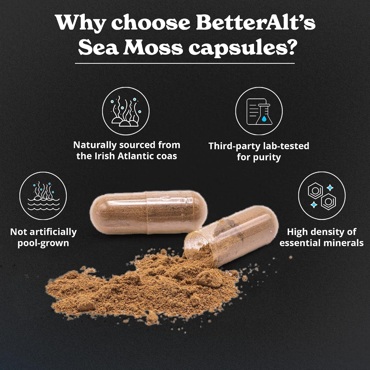 Better Alt Irish Sea Moss Supplement – 3000mg Sea Moss, 2000mg Black Seed Oil, 1000mg Ashwagandha, 1000mg Burdock Root, 1000mg Bladderwrack with Black Pepper & Vitamin C – 120 Capsules - görsel 4