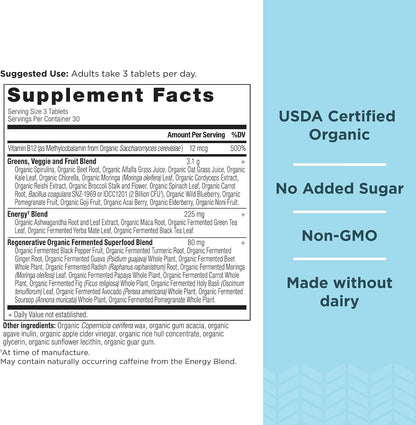 Ancient Nutrition Supergreens Energizer Tablets, Organic Superfood Tablets with Caffeine, for Digestive and Energy Support, 90 Count