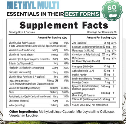 Wild Methylated Multivitamin for Women and Men | Daily Multi Vitamin | MTHFR Supplement Without Iron | Methylated B12, Folate, Vitamin C, A, K2, D, E, Choline, Biotin, ALA, CoQ10 and More (60 Capsules)
