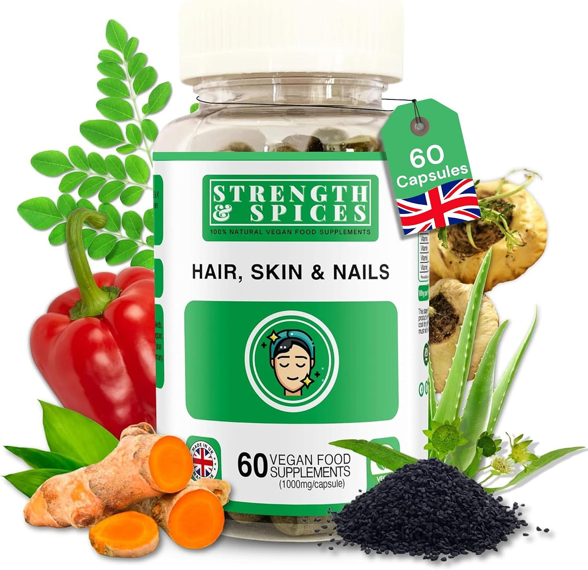 Strength & Spices Hair, Skin & Nails 100% Natural Supplement – 20 Ingredients with Biotin, Selenium & Zinc – 60 Vegan Capsules - görsel 1