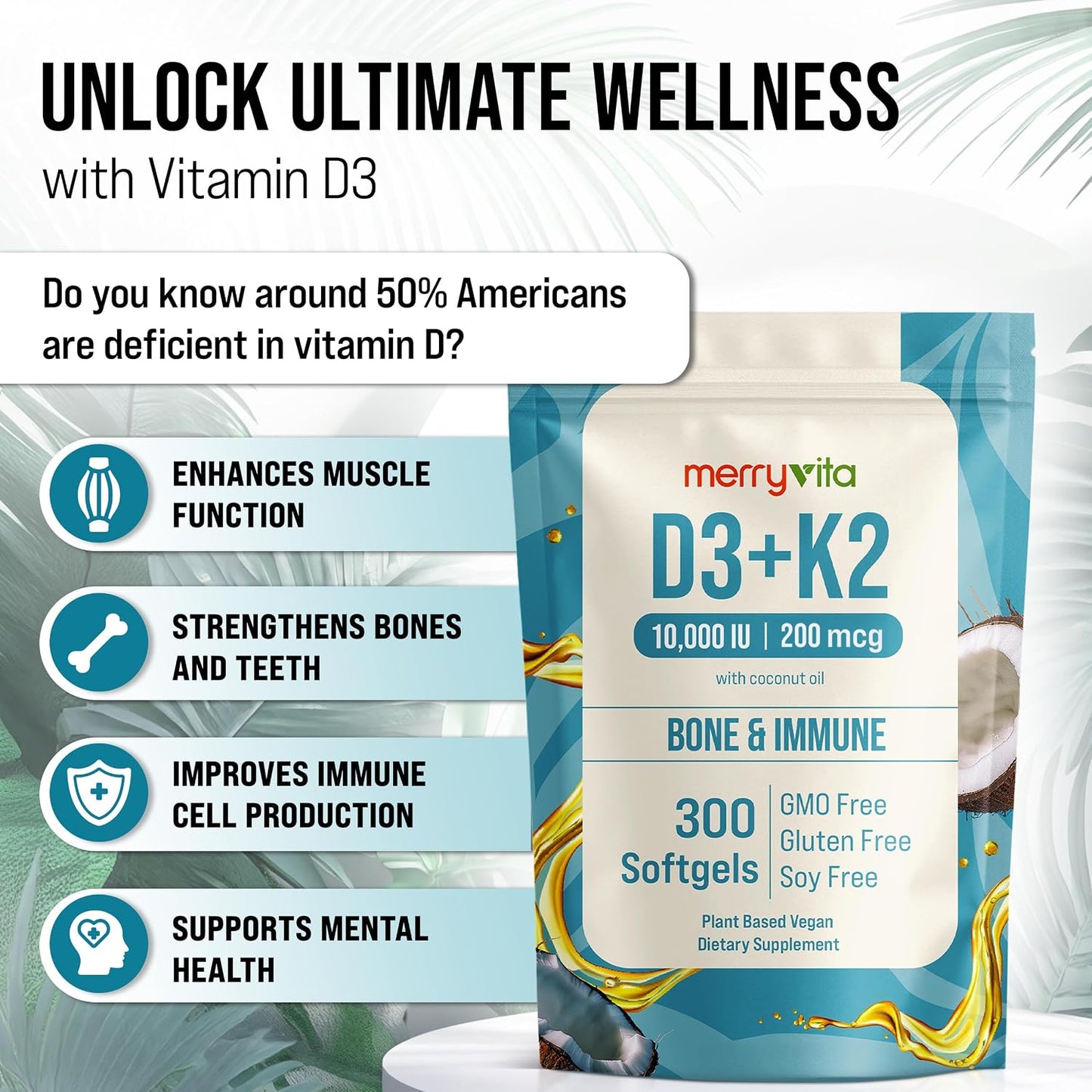 MERRY VITA Vitamin D3 K2 300 Soft gel capsules – 10,000 IU & 200 MCG K2 MK7 – Plant-Based, Vegan, Non-GMO, Gluten-free – Coconut Oil – Immune, Bone and Muscle Support - görsel 3