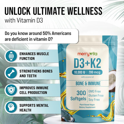 MERRY VITA Vitamin D3 K2 300 Soft gel capsules – 10,000 IU & 200 MCG K2 MK7 – Plant-Based, Vegan, Non-GMO, Gluten-free – Coconut Oil – Immune, Bone and Muscle Support