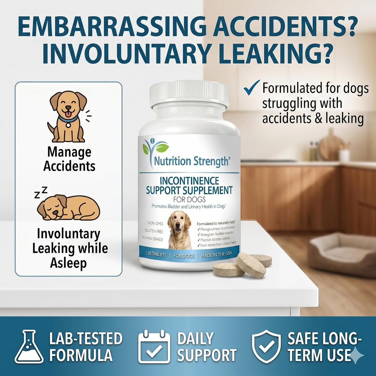 Dog Incontinence Support – Organic Herbal Supplement for Bladder Control – 120 Chewable Tablets - görsel 2