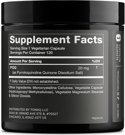 Toniiq PQQ 20mg - 99%+ Pure Pyrroloquinoline Quinone - 120 Vegetarian Capsules