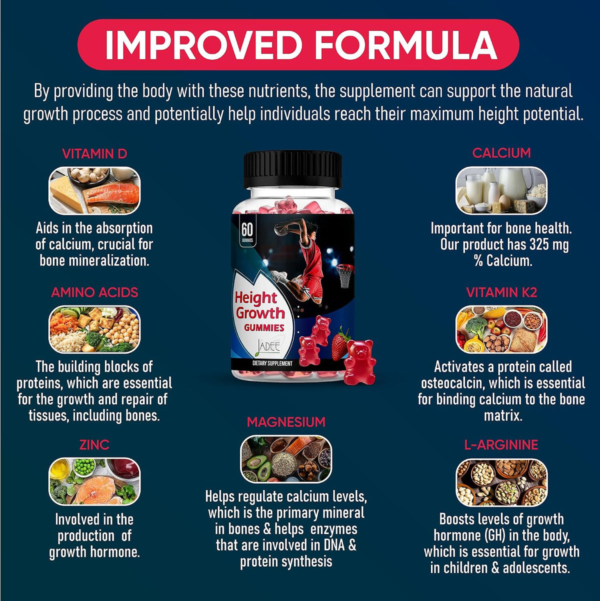 Jadee Height Growth Gummies – Calcium, Vitamin D3, K2, Magnesium, Zinc for Children and Teens - görsel 4